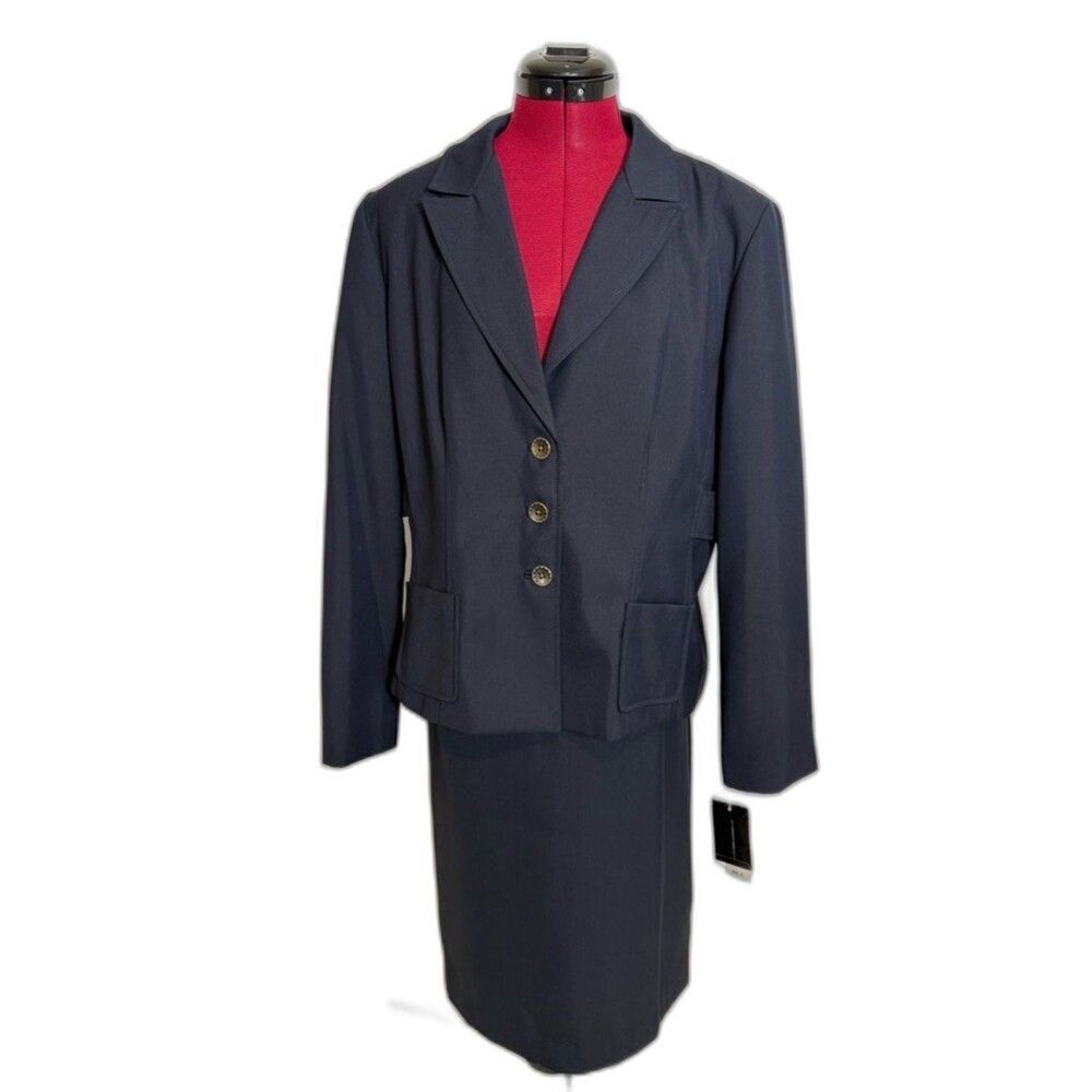 NWT Larry Levine Skirt Suit Women's Size 16 Navy Blue 2-Piece Set Blazer & Skirt